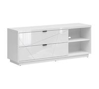 PEGANE Meuble TV avec 2 tiroirs et Une étagère, Coloris Blanc Brillant/Blanc Haute Brillance - Longueur 156 x Profondeur 42,5 x Hauteur 61 cm