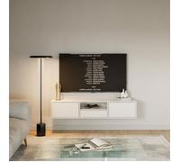Selsey Meuble TV Suspendu 150 cm Blanc Design Scandinave Minimaliste Gain de Place avec 3 Abattants et Niche pour Appareils Multimédias Bois Laminé Durable