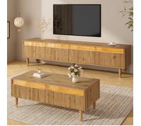 Meuble TV avec 4 portes et table basse avec 2 tiroirs-couleurs bois-design doré, éclairage LED, Ensemble de meubles moderne