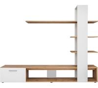 Meuble TV avec bibliothèque et étagères intégrées, collection CLEO. Couleur blanc et chêne.