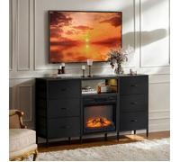 Meuble TV avec Cheminee Electrique 2000W 18"" 6 modes 17℃ - 28℃ Réglable 6 tiroirs 1 étagère Minuterie 6H Longueur 147cm Noir