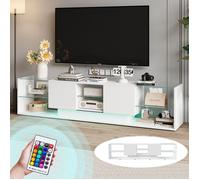 Meuble TV avec LED, Espace de Rangement Ouvert et 2 Tiroirs, Bas Brillant avec étagère en Verre, 200 x 39 x 45cm,Blanc