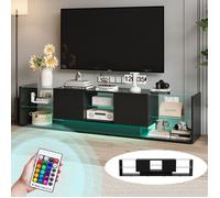 Meuble TV avec LED, Espace de Rangement Ouvert et 2 Tiroirs, Bas Brillant avec étagère en Verre, 200 x 39 x 45cm,Noir