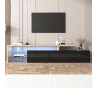 Meuble TV avec lumières LED, Banc TV 197.5cm, Meuble télé avec Rangement, 3 Portes et 2 étagères en Verre, Aspect Bois, pour Salon TV 70-79 Pouces (Noir, 197.5cm)