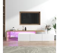 Meuble TV avec lumières LED, Banc TV 197.5cm, Meuble télé avec Rangement, 3 Portes et 2 étagères en Verre, Aspect Bois, pour Salon TV 70-79 Pouces (Blanc, 197.5cm)