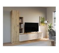 Meuble TV avec Paroi ARYSTARCH - Sable & Chêne - 1 porte + 2 abattants + 3 étagères - 209,2 x 52 x 182,3 cm