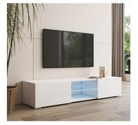 Meuble TV avec pieds pour Salon | LED bleu | Couleur Blanc | 2 Portes 1 vitrine | 160 x 32 x 38,5cm | Modèle Tibi