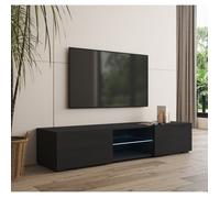 Meuble TV avec pieds pour Salon | LED bleu | Couleur Noir | 2 Portes 1 vitrine | 160 x 32 x 38,5cm | Modèle Tibi