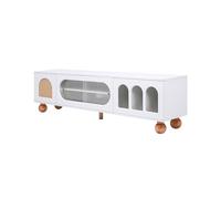 Meuble TV avec porte en rotin, porte coulissante en verre, poignées dorées, compartiments de rangement ouverts, pieds en bois, système de fermeture amortie, buffet rétro, meuble multimédia, meuble de