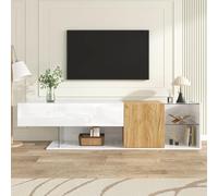 Meuble TV avec Rangement, Table Television Salon avec Lumières LED Variables, Table Tele Moderne avec Support en Verre et 2 Grands Tiroirs, Meuble TV Bois et Blanc pour Salon (Blanc, 180 cm)