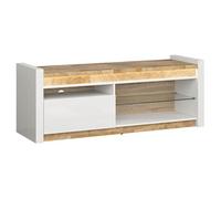 PEGANE Meuble TV avec tiroir et étagère avec éclairage LED,Coloris Blanc Brillant/Chêne Clair - Longueur 147 x Profondeur 46 x Hauteur 55 cm