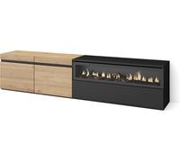 Meuble TV, Banc Télé, 200x35x45cm, Pour les TV jusqu'à 80", Cheminée électrique, Chêne et noir