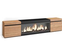 Meuble TV, Banc Télé, 208x35x45cm, Pour les TV jusqu'à 80", Cheminée électrique XXL, Chêne et noir