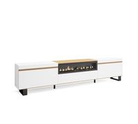 Meuble TV, Banc Télé, 260x57x35 cm, TV grand format, Cheminée électrique, Design industriel, Blanc et Chêne Soft, RF3792