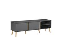 HomCom Meuble TV banc TV 2 portes 2 niches design scandinave 150x35x45 cm gris aspect bois clair