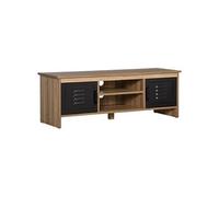 HOMCOM Meuble TV banc TV 109 cm multi-rangements 2 niches ouvertes 2 placards passe-fils intégrés pieds surélevés brun clair et noir