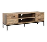 Meuble TV banc TV design industriel - porte, 2 tiroirs, 2 niches - piètement acier noir - aspect bois de manguier Marron G