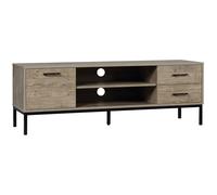 Meuble Tv Banc Tv Design Industriel - Porte, 2 Tiroirs, 2 Niches - Piètement Acier Noir - Aspect Bois Gris