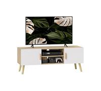 HomCom Meuble TV Banc jusqu'à 50 pouces, 2 placards, étagères, passe-câbles, chêne/blanc