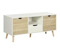 Meuble TV banc TV style scandinave 2 portes tiroir niche piètement bois de pin panneaux blanc aspect chêne clair