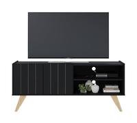 Meuble TV Bar 55 Pouces Noir Pieds Bois 2 Portes 3 Niches L 135.8 H 58.7 P 36.1cm