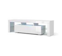Meuble TV bas 160 cm blanc mat/blanc brillant - Meuble TV moderne avec espace de rangement, façades en MDF, tablettes en verre (blanc mat/blanc brillant avec éclairage LED bleu)