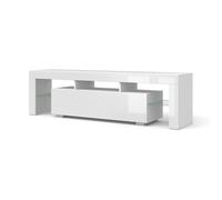 Meuble TV bas 160 cm blanc mat/blanc brillant - Meuble TV moderne avec espace de rangement, façades en MDF, tablettes en verre (blanc mat/blanc brillant sans LED)