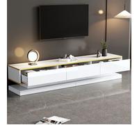 Meuble TV bas 200 cm blanc chaud laqué brillant - 3 tiroirs, bordure dorée, grand rangement pour salon