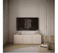 Meuble TV bas 3 portes avec façades à lamelles rainurées - SUNDS - 150 cm - beige cachemire