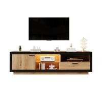 Meuble TV bas avec LED et étagères en verre, design gaming, 160 cm, chêne +