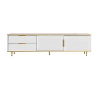 Meuble TV Bas avec Texture Sculptée, Poignées et Pieds Dorés, Structure Effet Marbre pour Salon, 175x40x45 cm - Style Scandinave, Blanc