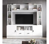Meuble TV bas blanc avec vitrine et tiroirs | 180 cm mural multimédia avec meuble TV et étagères | Kit complet avec 2 armoires et 11 compartiments | Pour téléviseurs jusqu'à 60" | Ensemble mural