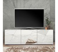 Vente-unique Meuble TV VICTORY Blanc laqué brillant sérigraphie miroir L181 x P43 x H57 cm