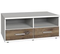 Meuble TV bas coloris Blanc, rechampis imitation chêne Flagstaff - Longueur 92 x Hauteur 38 x Profondeur 58 cm--