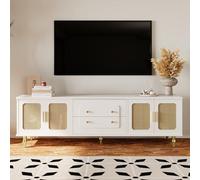 Meuble TV bas de style rétro avec 6 compartiments de rangement, poignées dorées, porte en rotin et pieds en métal, buffet TV pour salon (blanc, 175 x 38 x 55,5 cm)