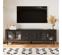 Meuble TV bas de style rétro avec 6 compartiments de rangement, poignées dorées, porte en verre et pieds en bois massif, buffet TV pour salon (noir, 175 x 38 x 55,5 cm)