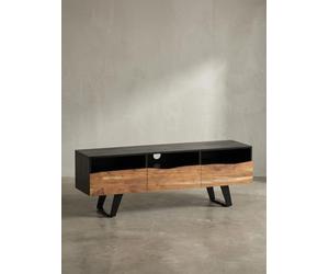 Meuble TV bas en bois massif d'acacia - 140 x 50 x 40 cm - Bords d'arbre - Noir - Meuble TV design haut avec tiroir - Meuble TV moderne avec portes