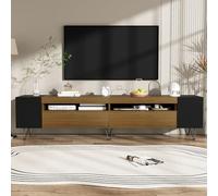 Meuble TV bas moderne avec 2 portes et compartiment de rangement ouvert - Design bloc de couleurs - 180 cm de long - Avec pieds en métal - Pour salon, chambre à coucher - 180 x 36 x 43 cm - Noir