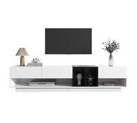 Meuble TV bas moderne avec surface brillante, tiroirs push-to-open, compartiments ouverts, avant structuré, lignes élégantes, éléments rabattables, surfaces contrastées, langage des formes clair