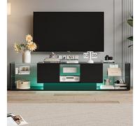 Meuble TV bas noir brillant avec éclairage LED, 24 couleurs réglables, meuble TV avec étagère en verre, six compartiments de rangement et 2 tiroirs, design sans poignée, 200 x 35 x 45 cm