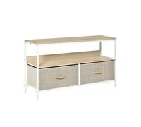 HomCom Meuble TV industriel 2 tiroirs – tissu gris, acier, MDF blanc, bois clair