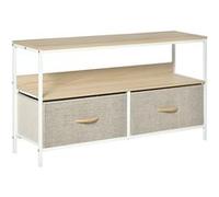 HomCom Meuble TV industriel 2 tiroirs – tissu gris, acier, MDF blanc, bois clair