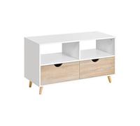 Meuble Tv Bas Sur Pieds Style Scandinave 2 Tiroirs Coloris Chêne Clair Blanc Blanc