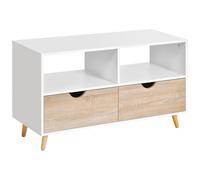 HOMCOM Meuble TV Bas sur Pieds Style scandinave 2 tiroirs Coloris chêne Clair Blanc