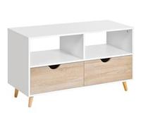 HOMCOM Meuble TV Bas sur Pieds Style scandinave 2 tiroirs Coloris chêne Clair Blanc