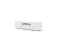 Meuble TV bas universel AURA 150 cm à suspendre ou à poser Blanc brillant avec LED
