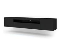 Meuble TV bas universel AURA 200 cm à suspendre ou à poser sous meuble TV - Buffet hi-fi - Noir mat sans LED