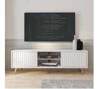 Meuble TV - BELLO - avec LED - 135 cm - blanc - façades à lamelles et pieds dorés