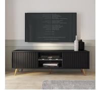 Meuble TV - BELLO - avec LED - 135 cm - noir - façades à lamelles et pieds dorés