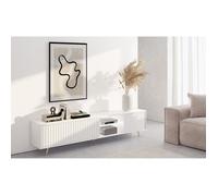 Meuble TV - BELLO - LED 175 cm - blanc - façades à lamelles - pieds dorés